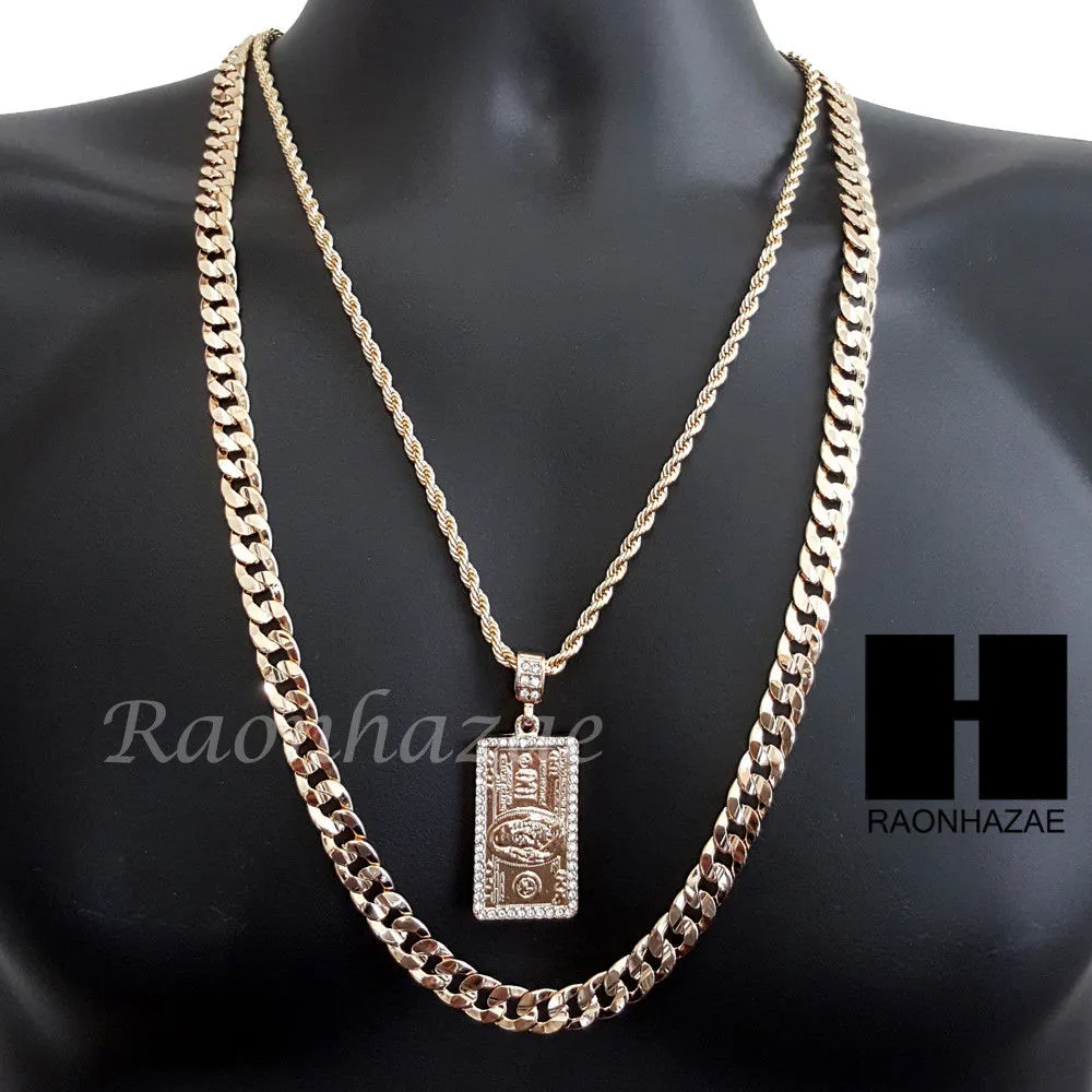 $100 HUNDRED DOLLAR BILL MONEY 30" CUBAN LINK CHAIN NECKLACE SET S89G