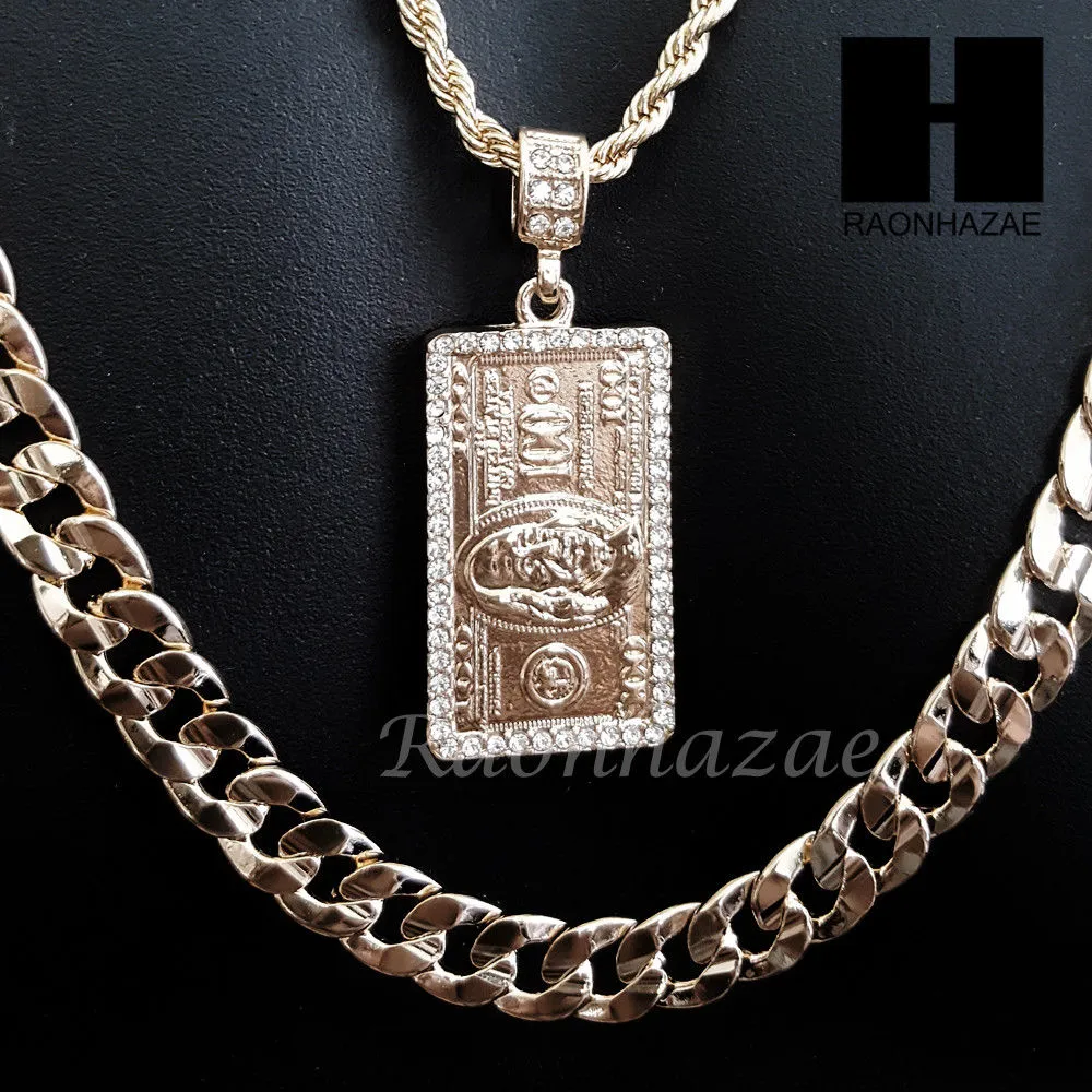 $100 HUNDRED DOLLAR BILL MONEY 30" CUBAN LINK CHAIN NECKLACE SET S89G