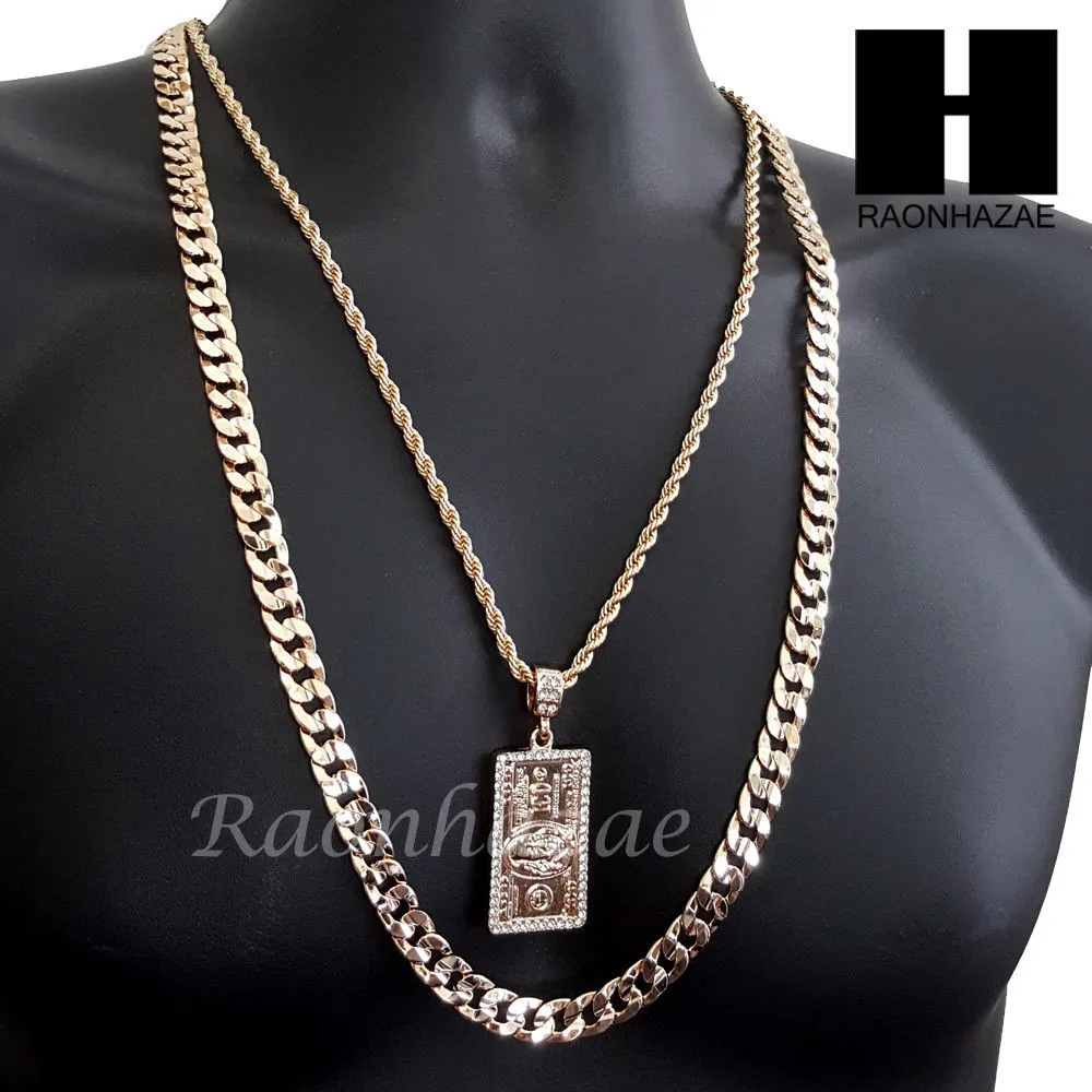 $100 HUNDRED DOLLAR BILL MONEY 30" CUBAN LINK CHAIN NECKLACE SET S89G