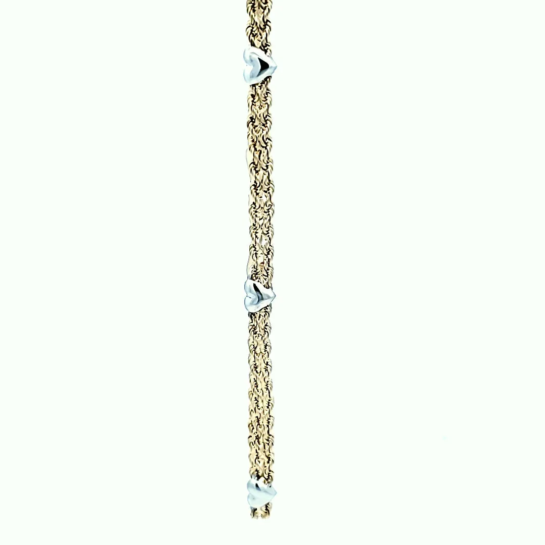 10K Real Gold Hollow Two Tone, Twin Rope With Heart Charm Fancy Bracelet