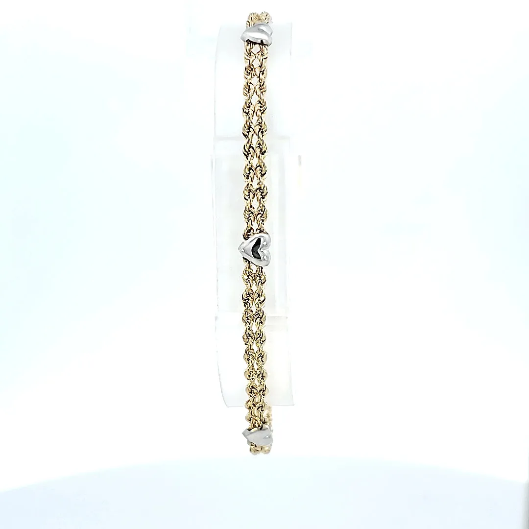 10K Real Gold Hollow Two Tone, Twin Rope With Heart Charm Fancy Bracelet