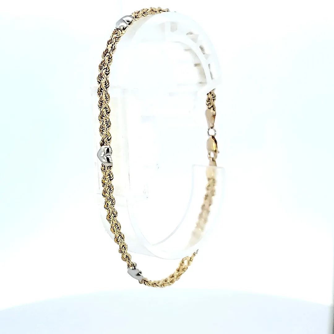 10K Real Gold Hollow Two Tone, Twin Rope With Heart Charm Fancy Bracelet