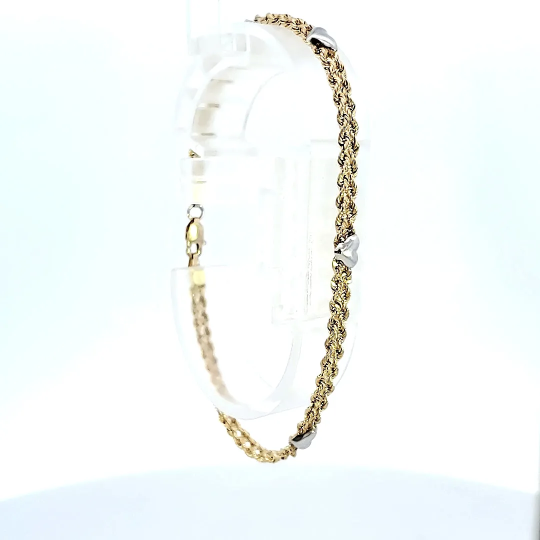 10K Real Gold Hollow Two Tone, Twin Rope With Heart Charm Fancy Bracelet