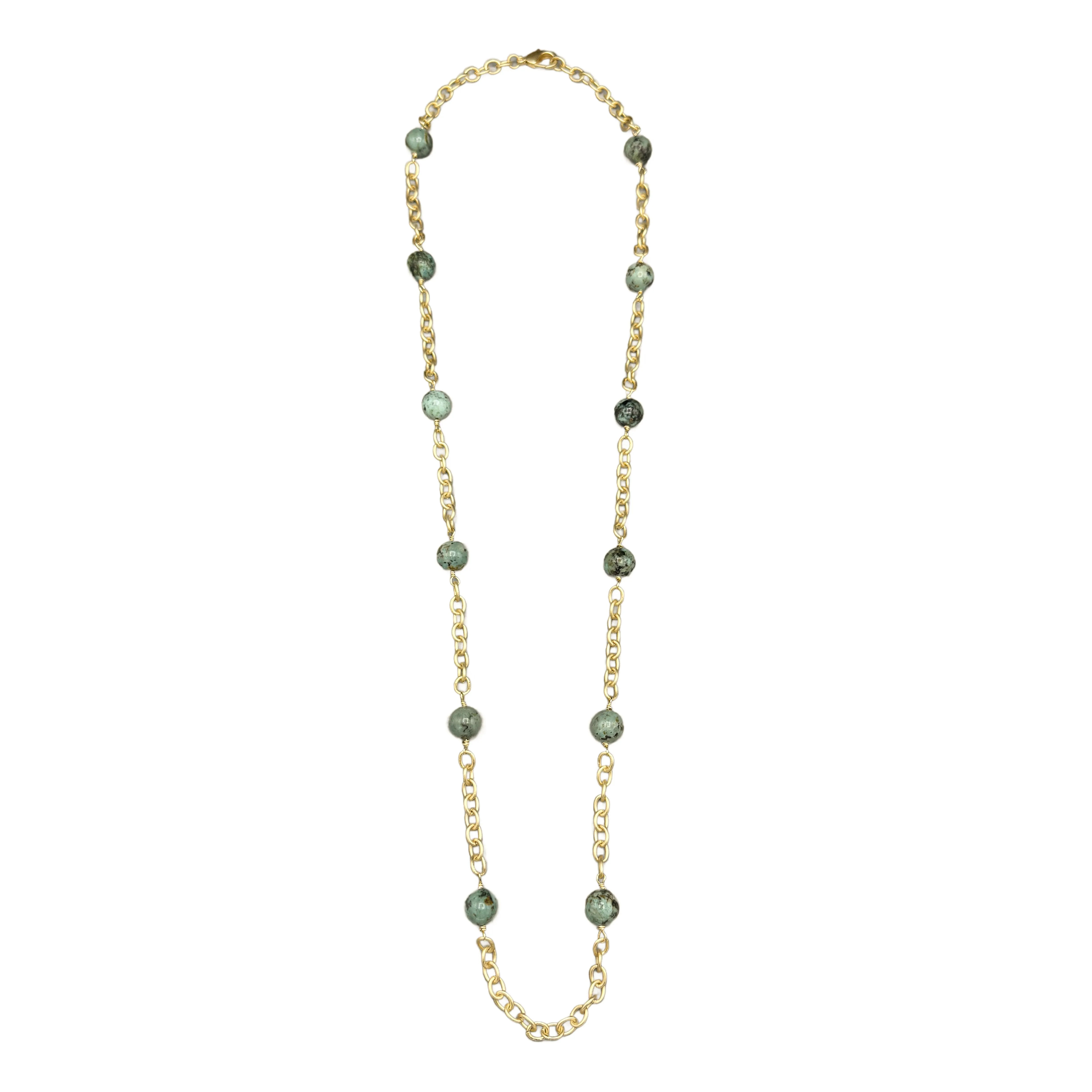 139-TURQ-G-LONG | AFRICAN TURQUOISE BEADS ON GOLD LINK CHAIN 35"