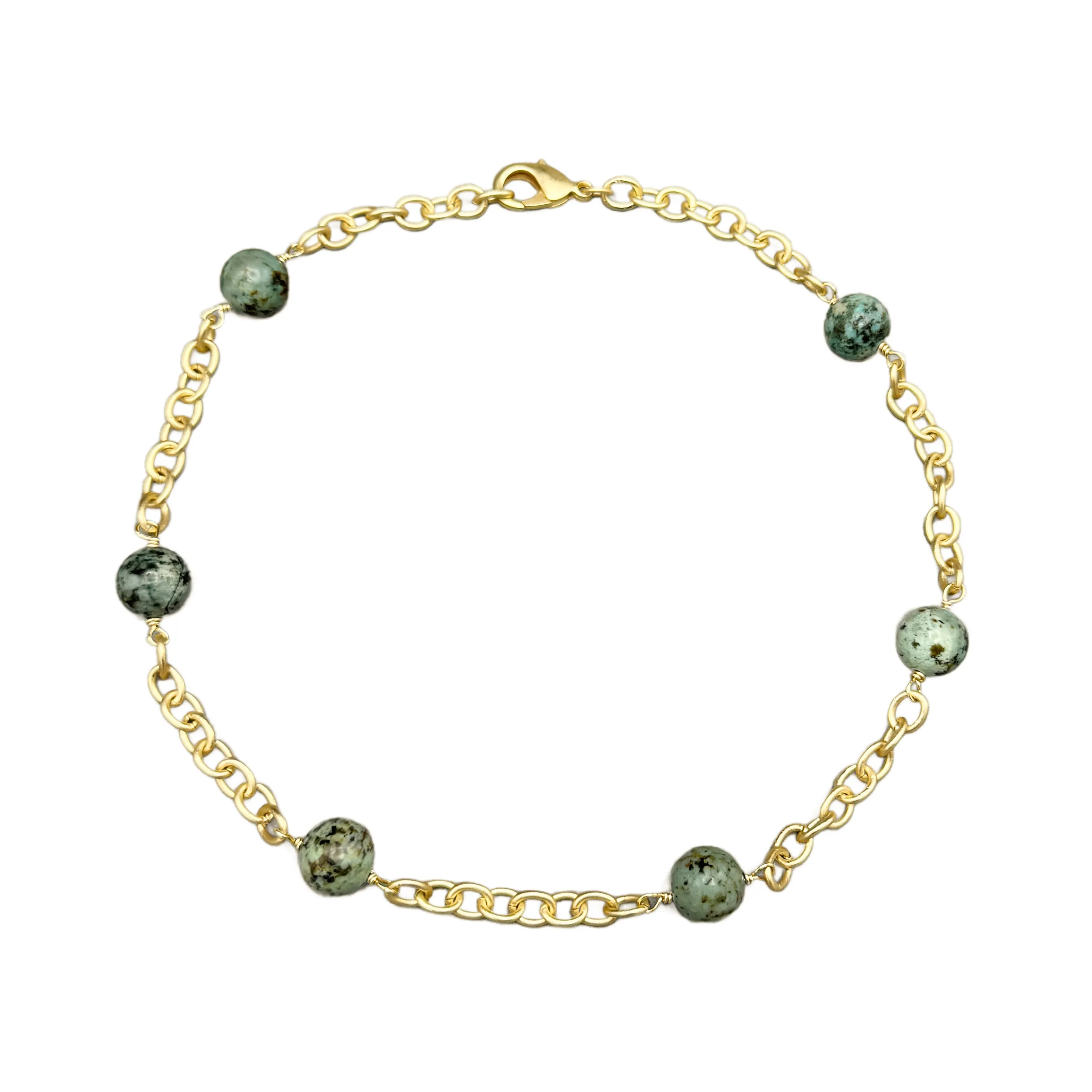 139-TURQ-G-SHORT| AFRICAN TURQUOISE BEADS ON GOLD LINK CHAIN 18"