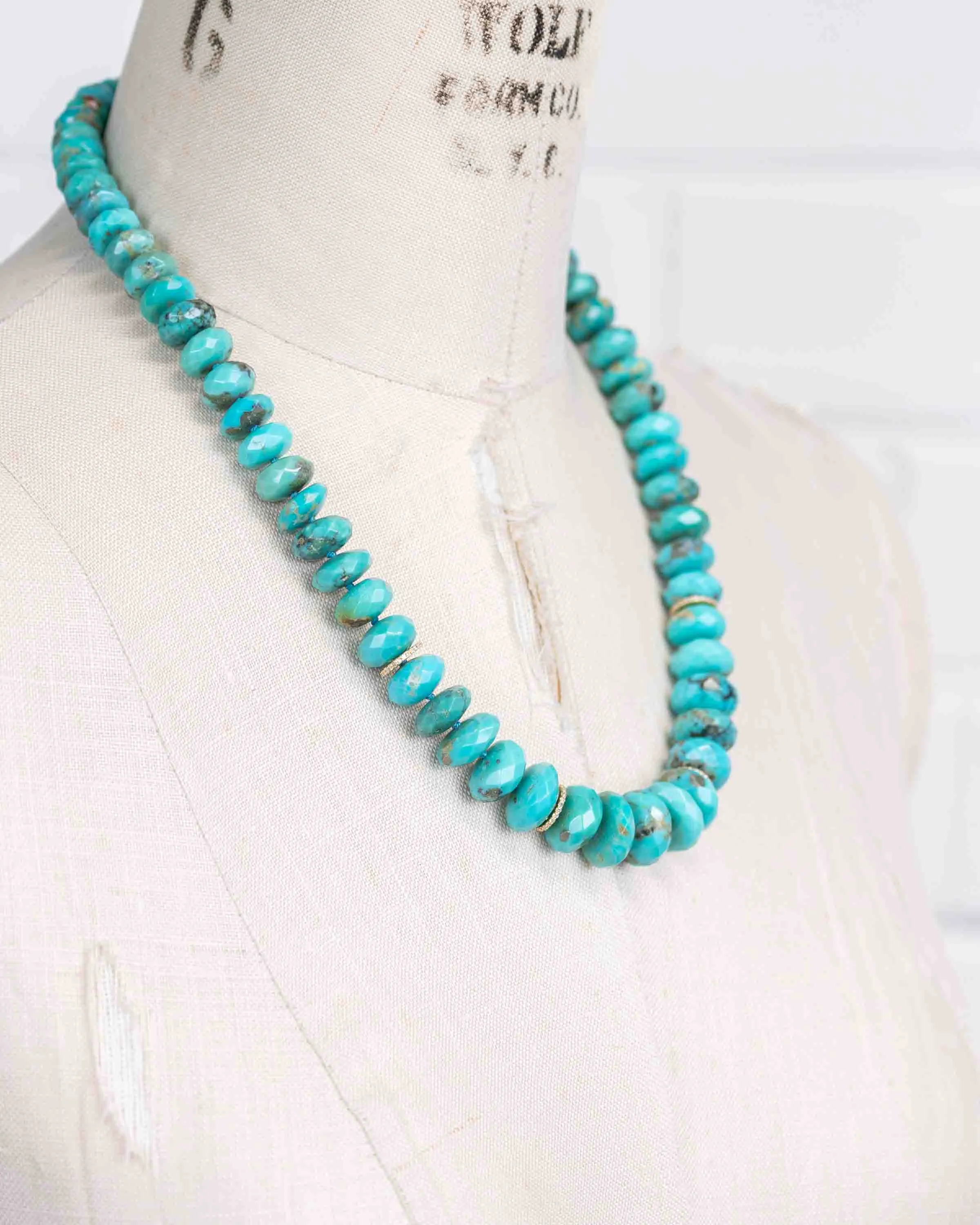 14k Gold & Diamond; Faceted Arizona Sleeping Beauty Turquoise Statement Necklace