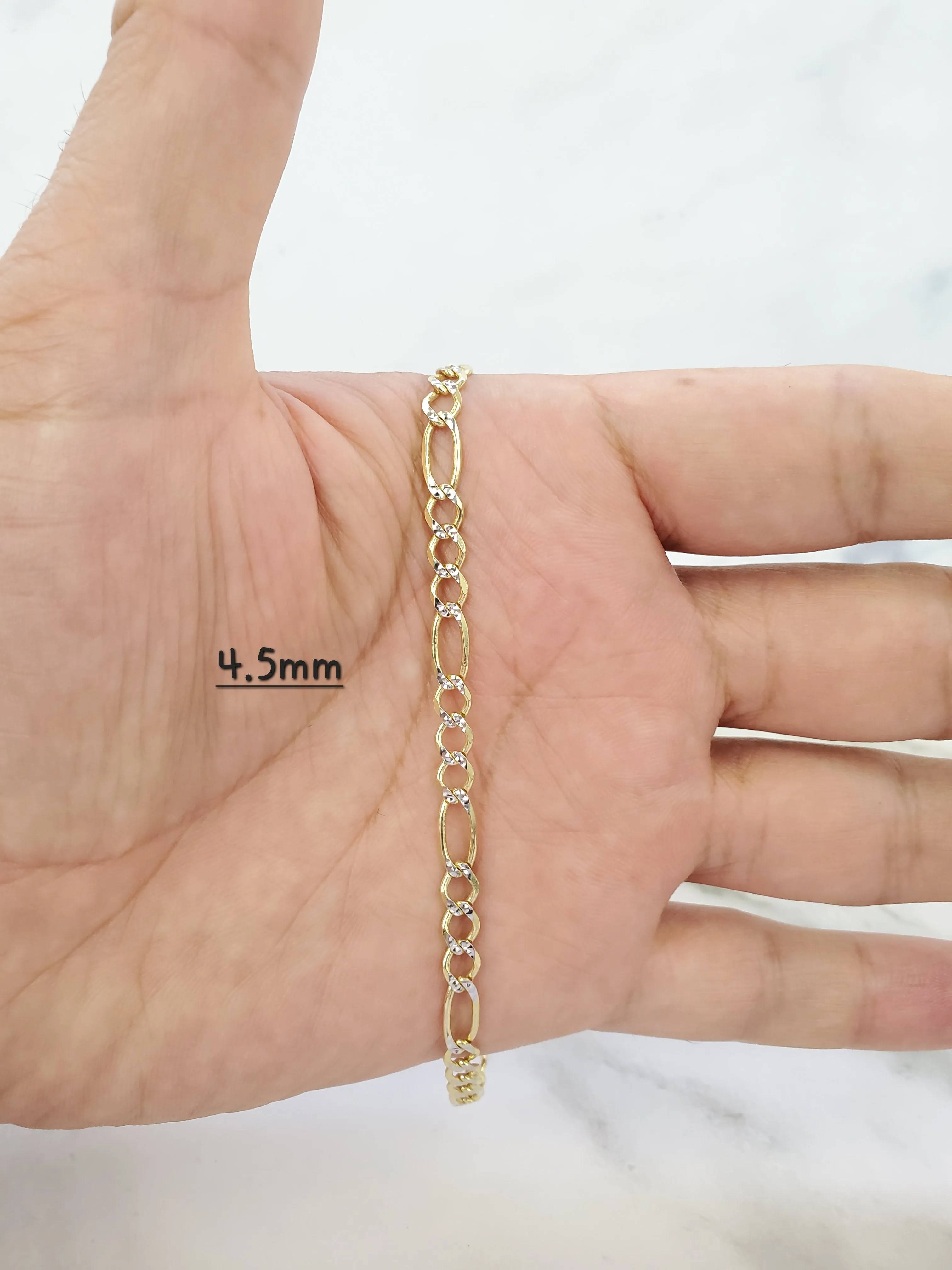 14K Hollow Two Tone Yellow & White Gold Figaro Bracelet For Men/ Women - Gifts For Him/ her