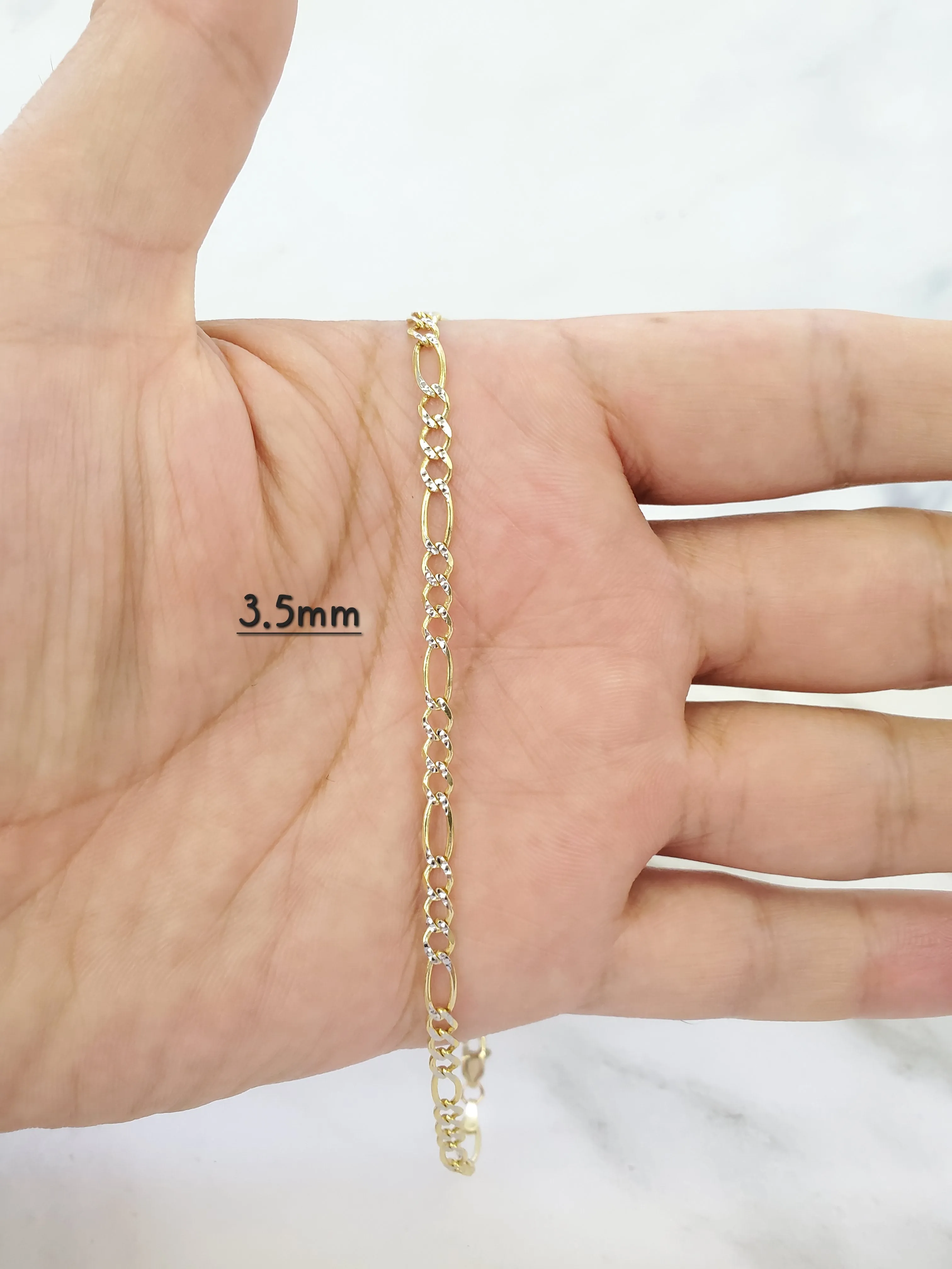 14K Hollow Two Tone Yellow & White Gold Figaro Bracelet For Men/ Women - Gifts For Him/ her