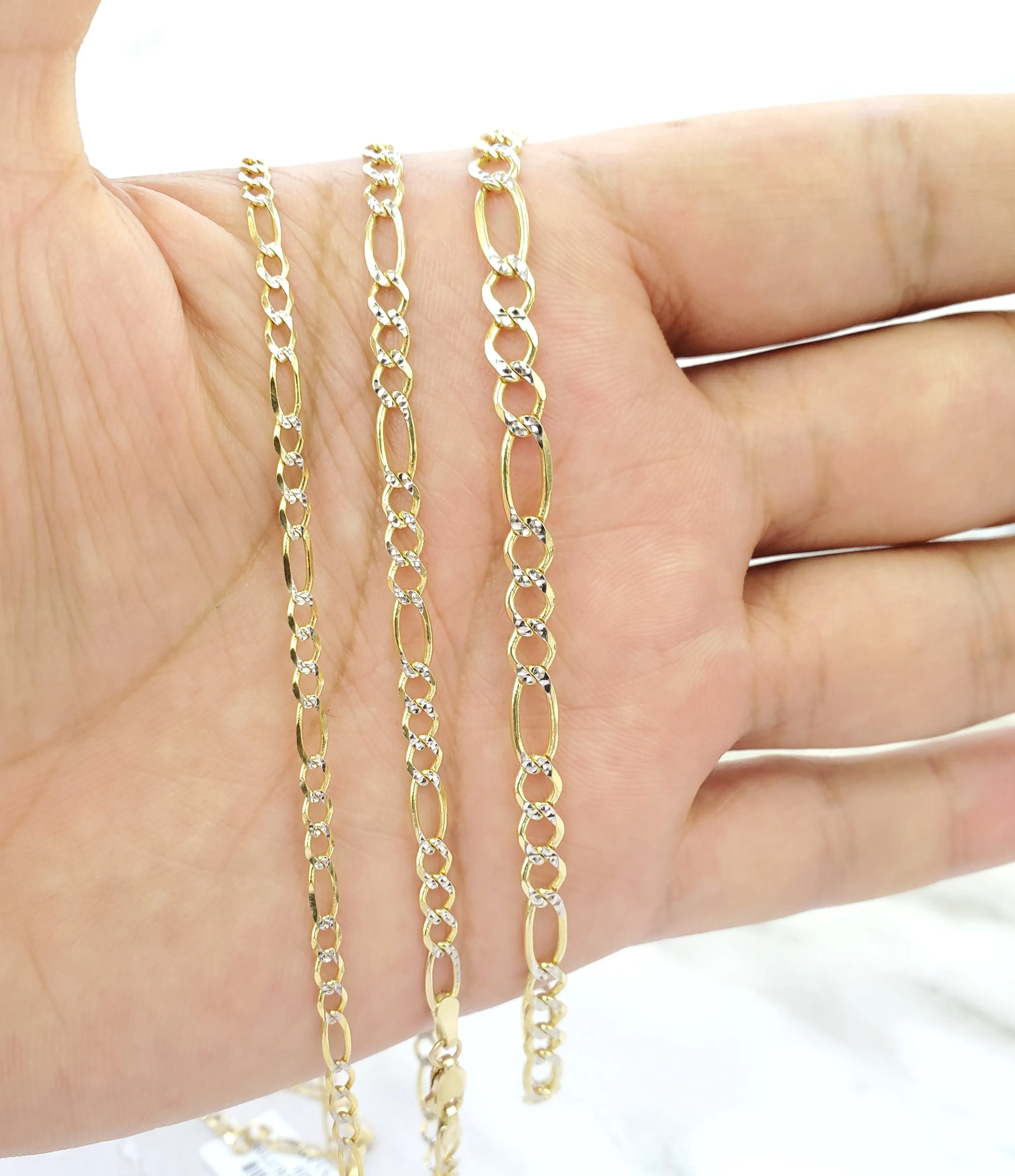 14K Hollow Two Tone Yellow & White Gold Figaro Bracelet For Men/ Women - Gifts For Him/ her