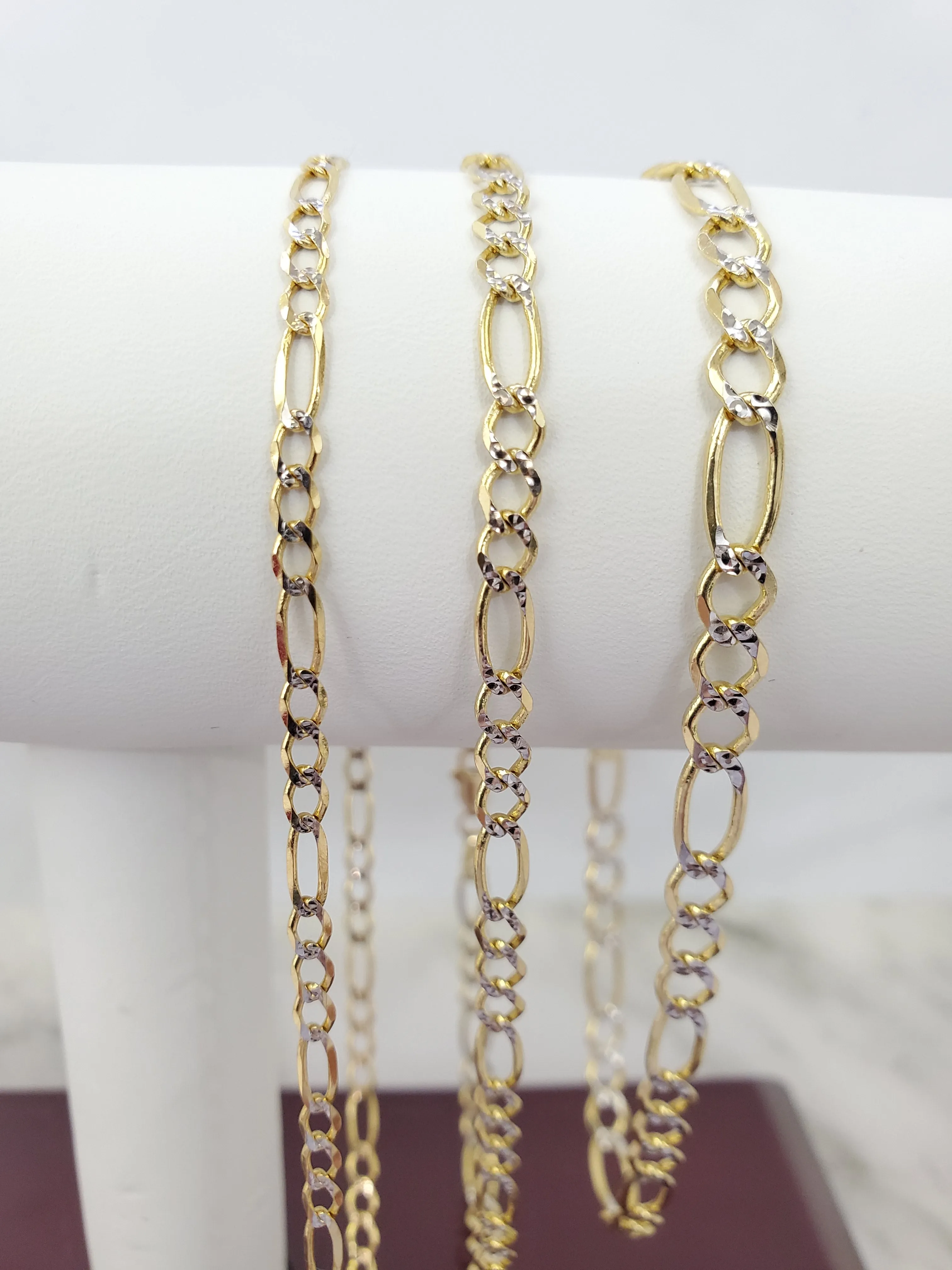 14K Hollow Two Tone Yellow & White Gold Figaro Bracelet For Men/ Women - Gifts For Him/ her