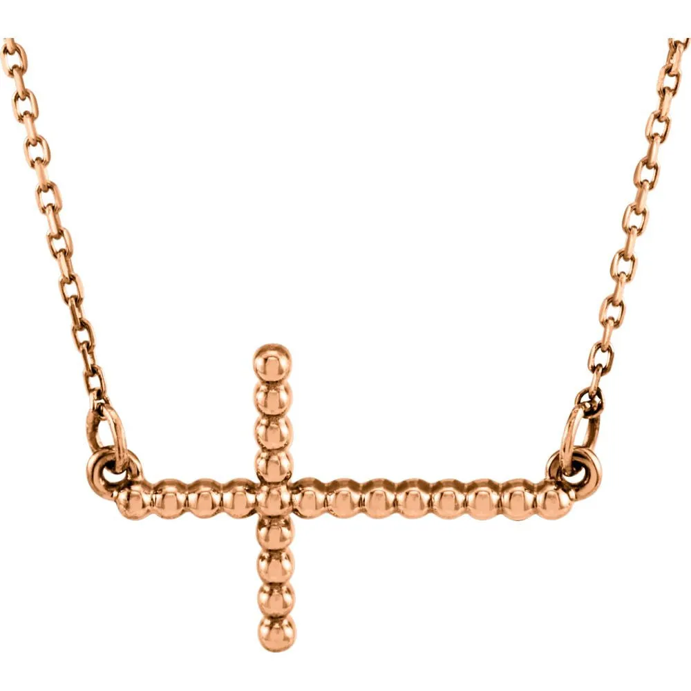 14k Rose Gold 9.45x15.6mm Sideways Beaded Cross 16.5" Necklace