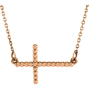 14k Rose Gold 9.45x15.6mm Sideways Beaded Cross 16.5" Necklace