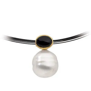 14k White Gold 7X5mm Onyx & 11mm South Sea Cultured Circle Pearl Pendant