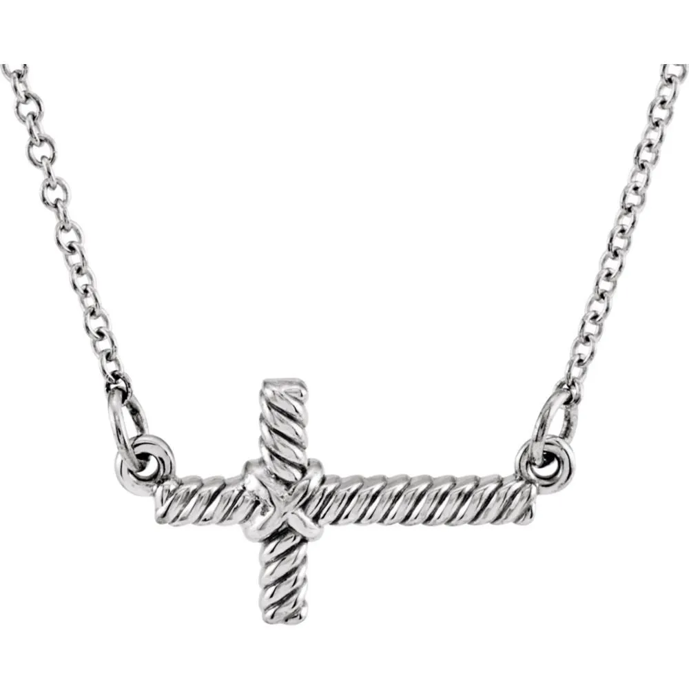 14k White Gold 8.65x16mm Sideways Rope Cross 16.5" Necklace