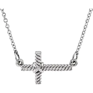 14k White Gold 8.65x16mm Sideways Rope Cross 16.5" Necklace