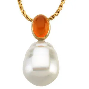 14k Yellow Gold 8x6mm Carnelian Semi-set Pendant for Pearl