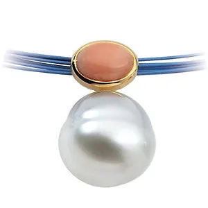 14k Yellow Gold 8X6mm Coral & 12mm South Sea Cultured Circle Pearl Pendant