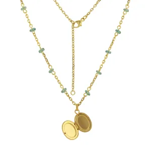 14k Yellow Gold Oval Locket Pendant with Gold & Blue Crystal Necklace 17.5" 6g