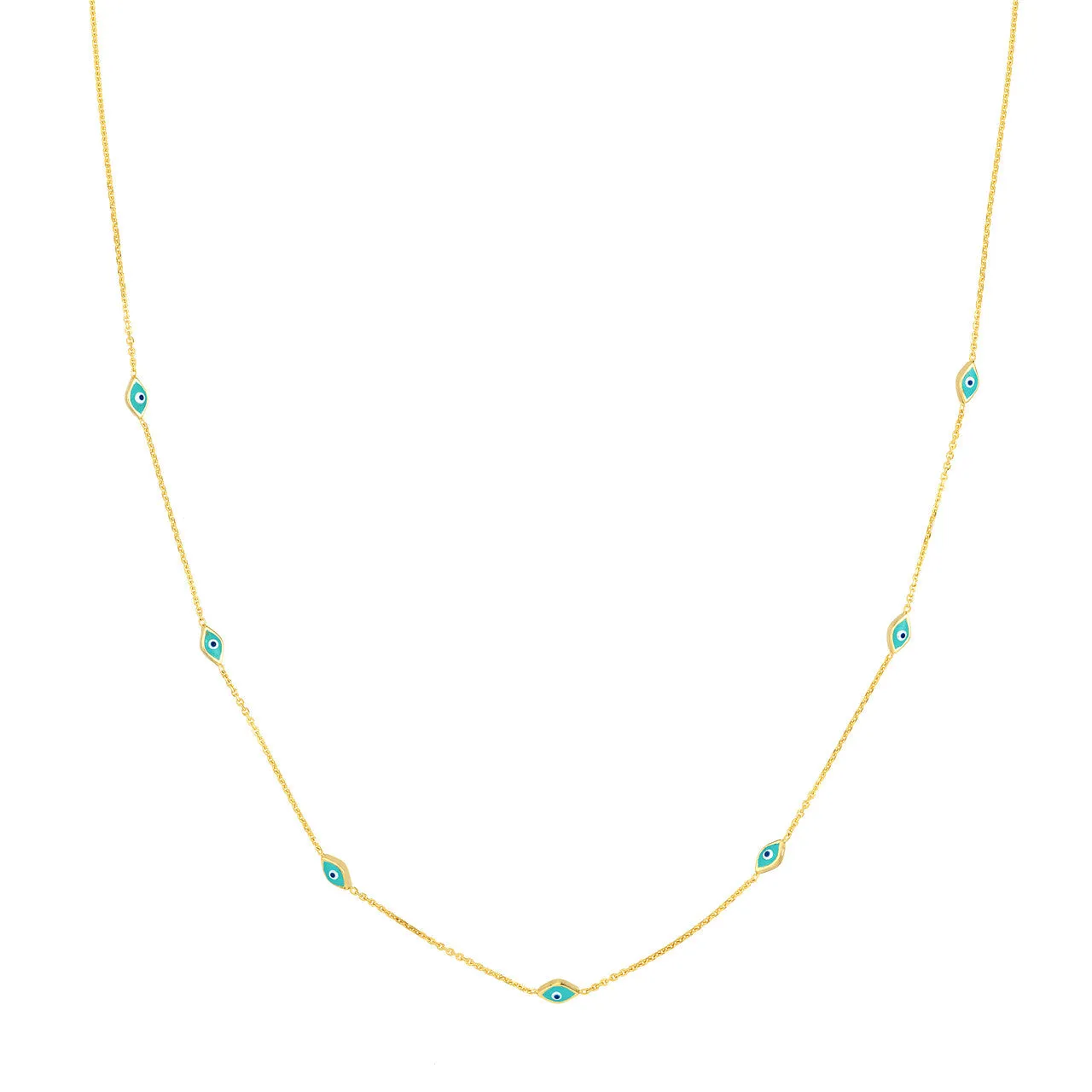 14K Yellow Gold Turquoise Enamel Evil Eye Station Necklace