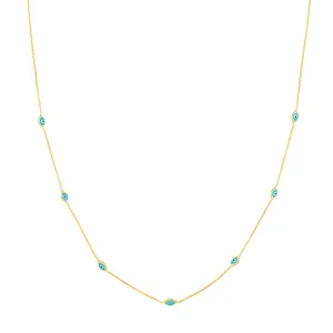 14K Yellow Gold Turquoise Enamel Evil Eye Station Necklace