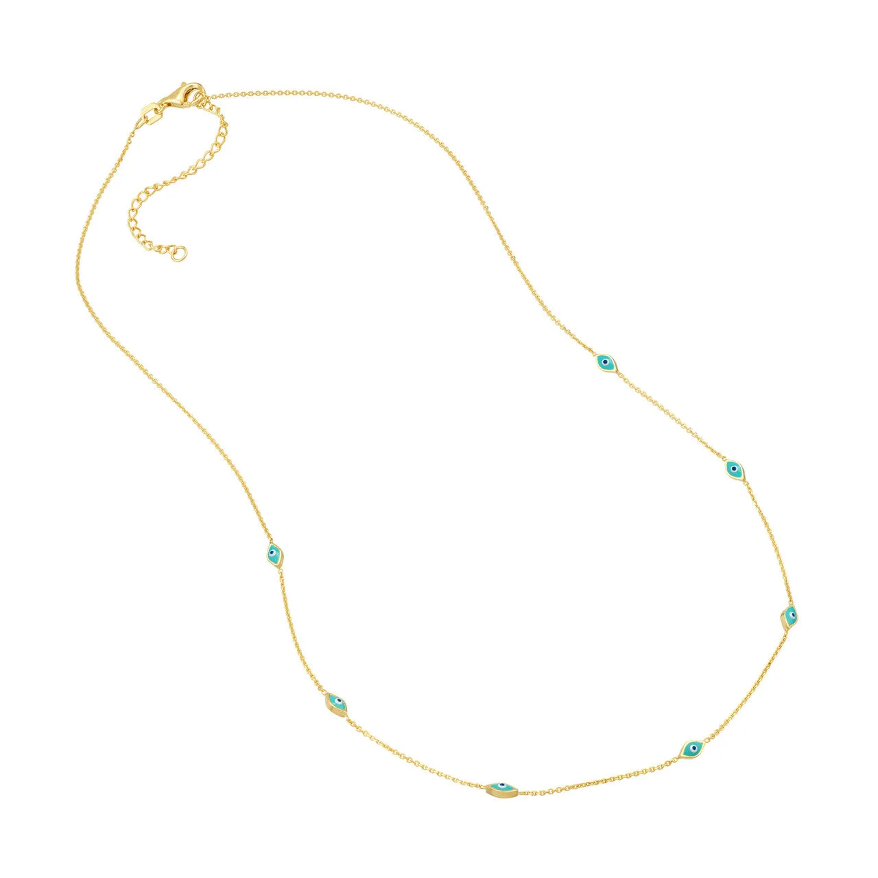 14K Yellow Gold Turquoise Enamel Evil Eye Station Necklace