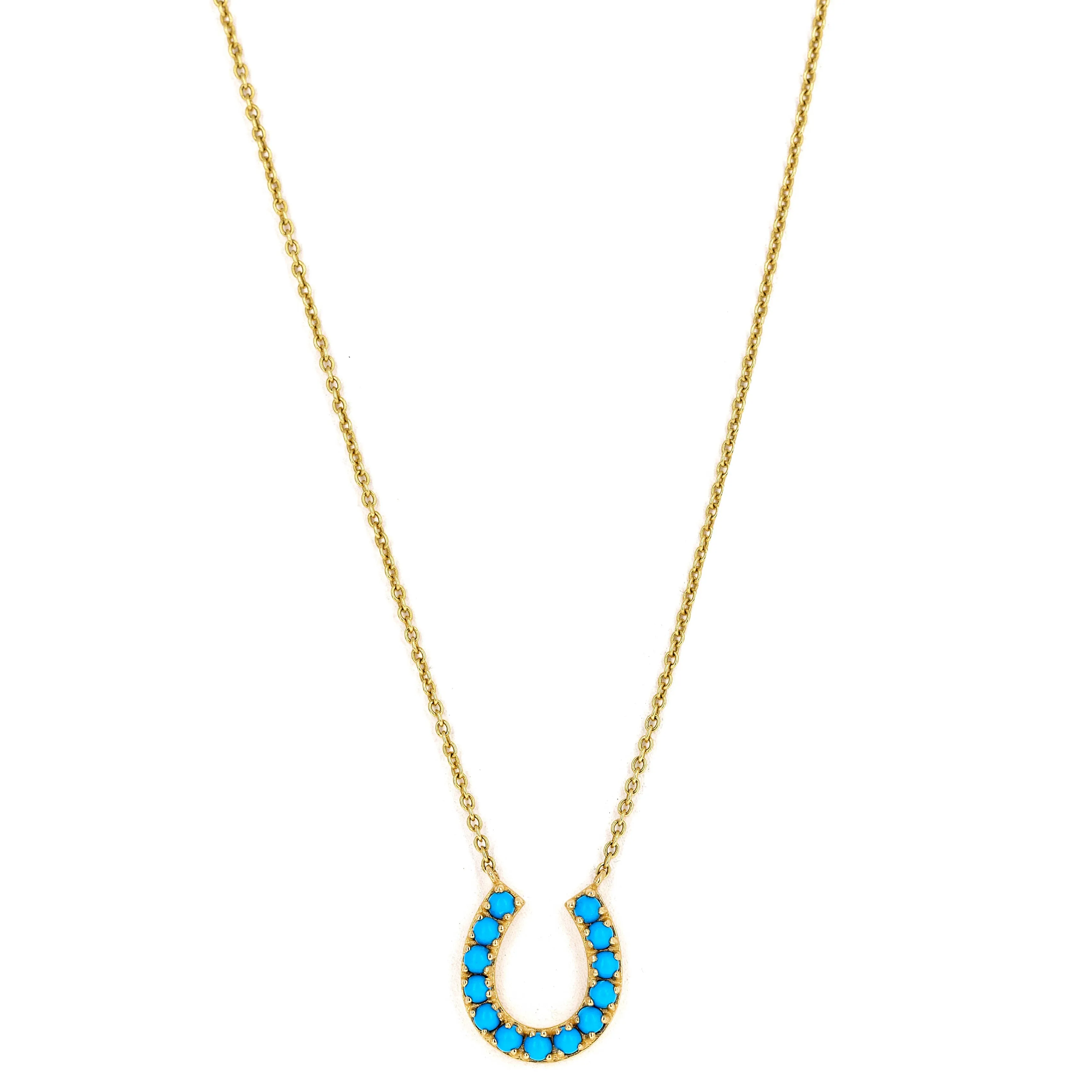 14K Yellow Gold Turquoise Horseshoe Pendant Necklace
