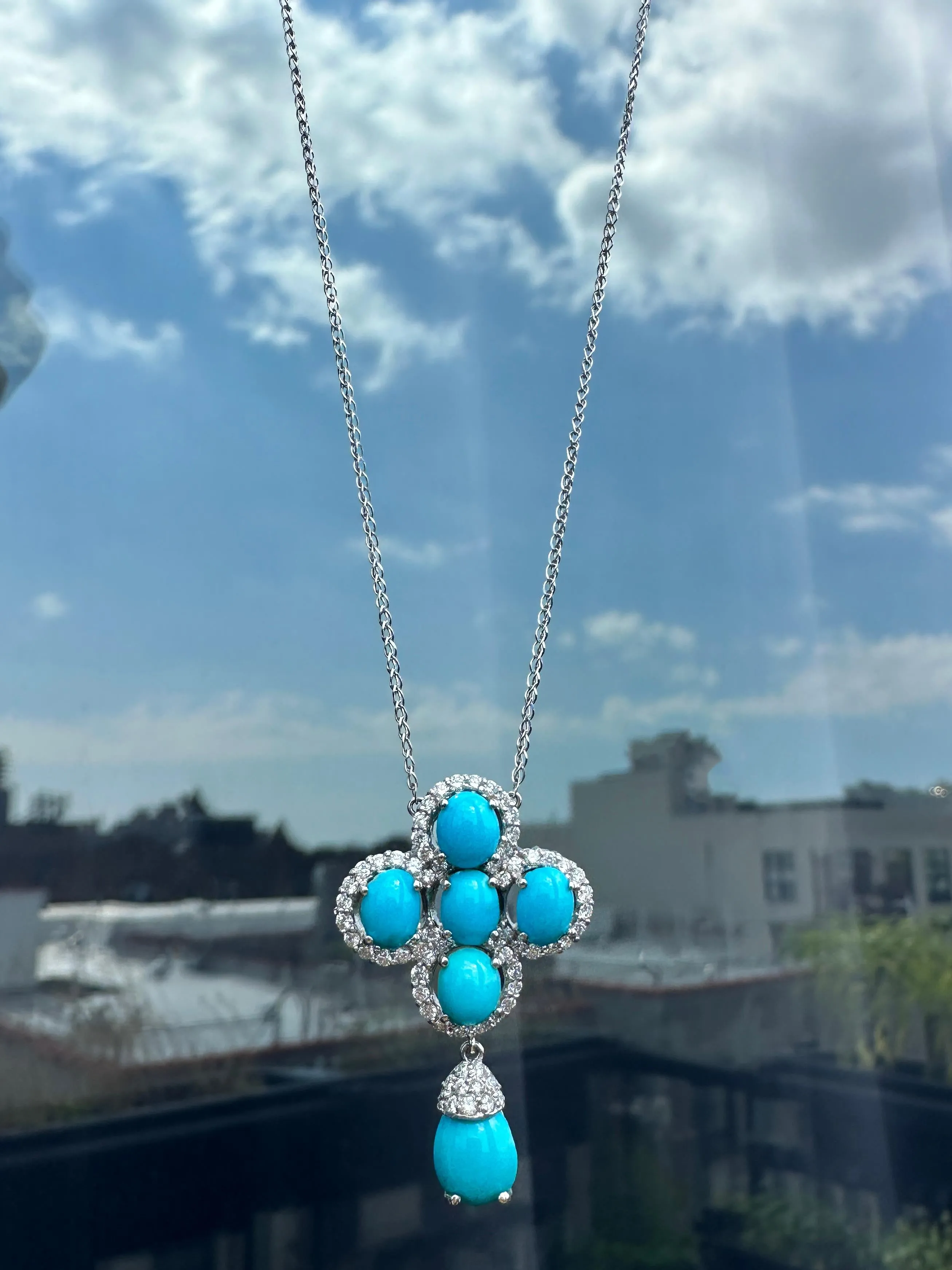18k White Gold Diamond and Persian Turquoise Pendant Necklace