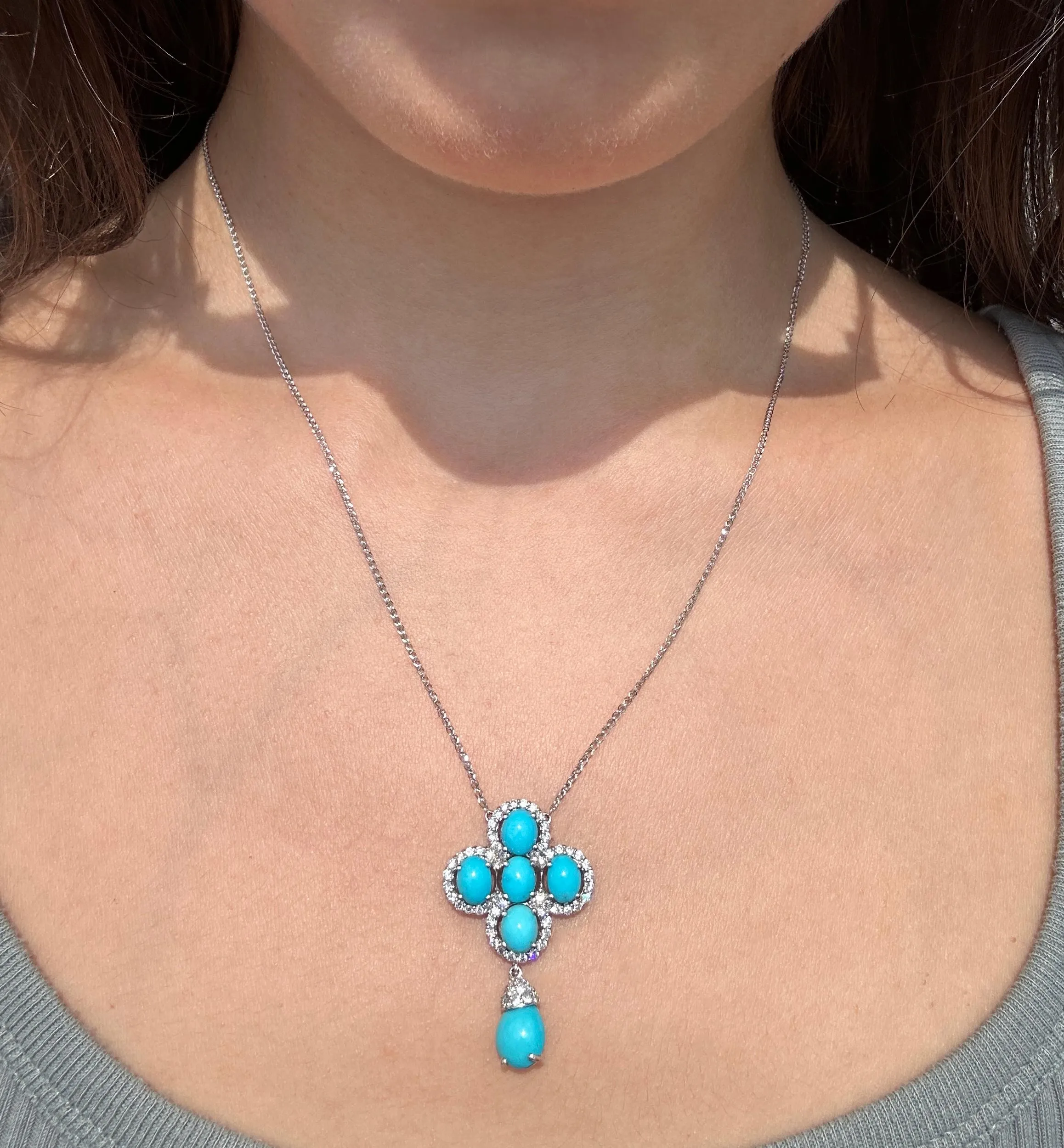 18k White Gold Diamond and Persian Turquoise Pendant Necklace