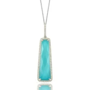 18K WHITE GOLD DIAMOND PENDANT WITH CLEAR QUARTZ OVER TURQUOISE