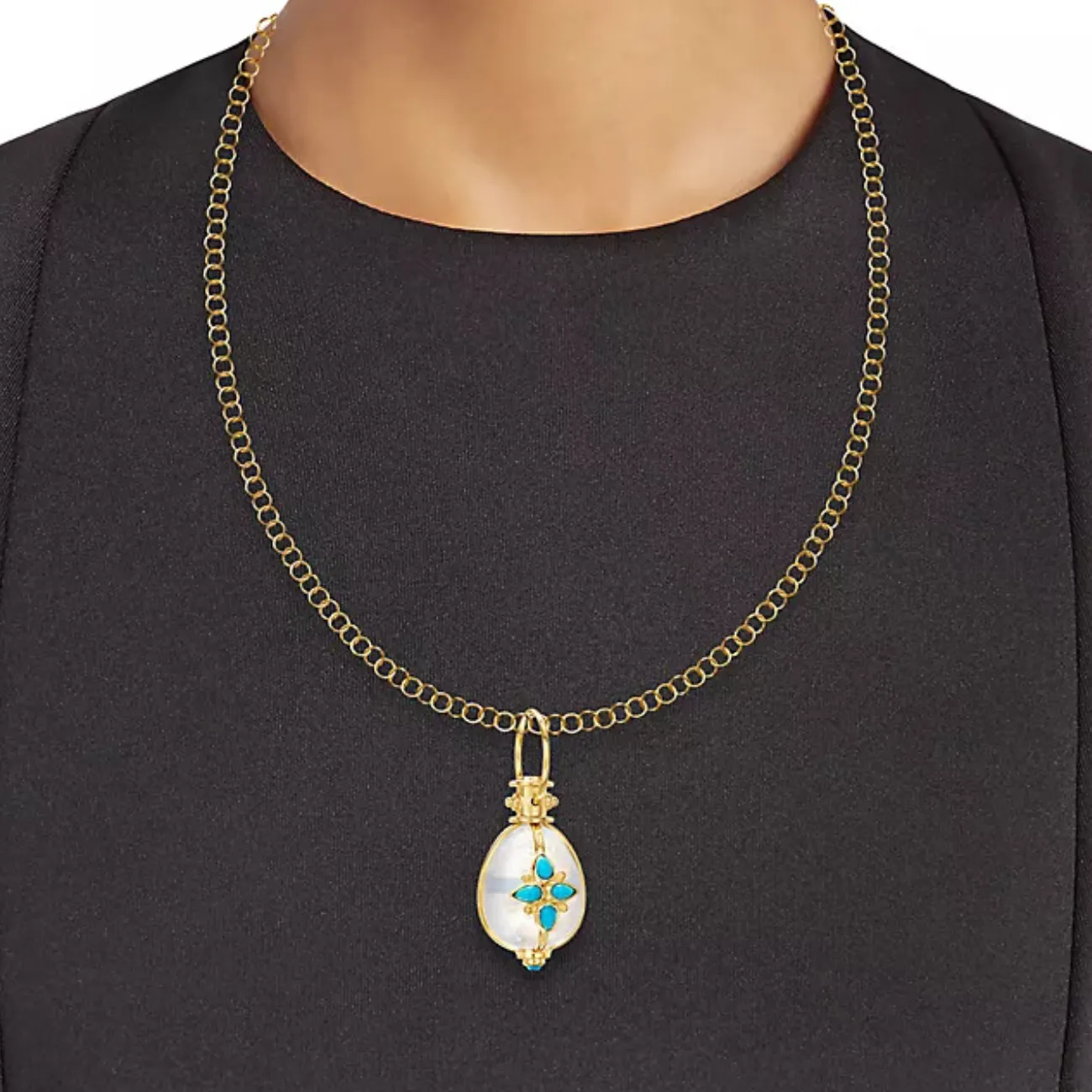 18KT YELLOW GOLD ROCK CRYSTAL & TURQUOISE AMULET