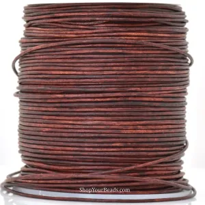 1mm Distressed Red Brown Leather Cord - Round - Matt Finish - Indian Leather - Wrap Bracelet Making Findings - Antique Color - Natural Dye