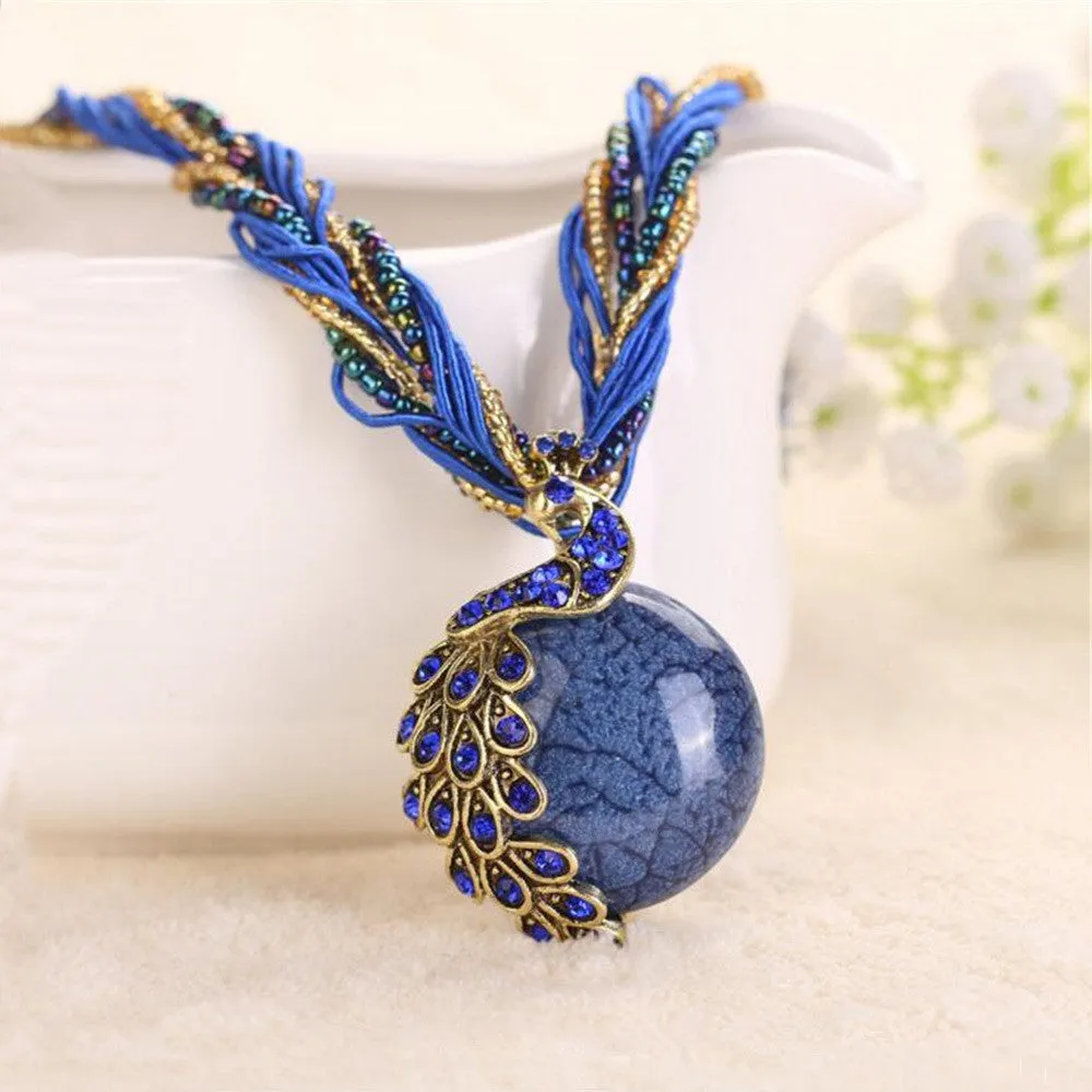 2016 peacock decoration rough necklace short clavicle female chain turquoise stone pendant necklace style summer jewelry
