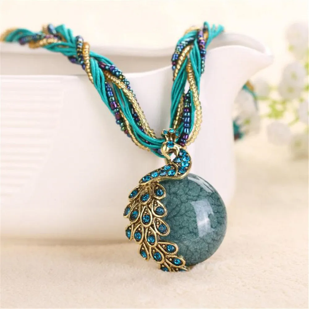 2016 peacock decoration rough necklace short clavicle female chain turquoise stone pendant necklace style summer jewelry