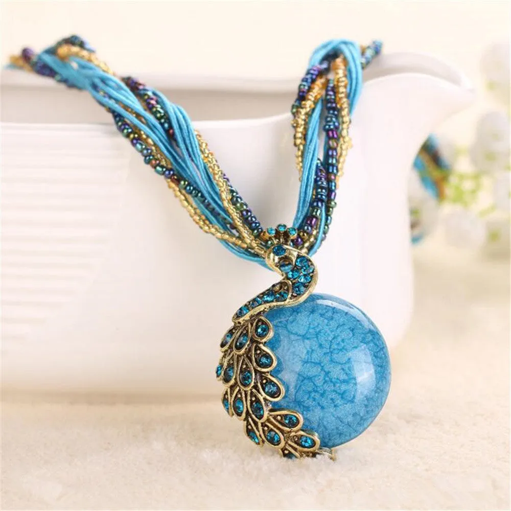 2016 peacock decoration rough necklace short clavicle female chain turquoise stone pendant necklace style summer jewelry