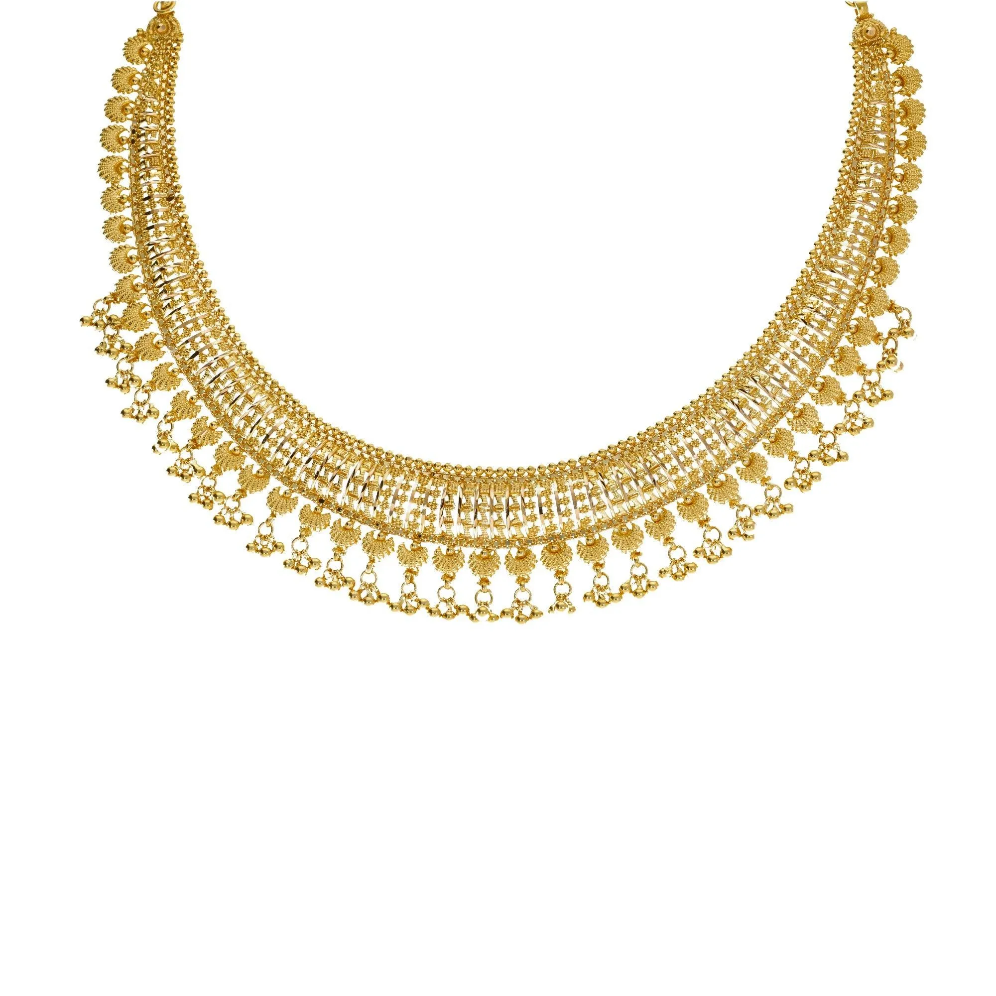22K Yellow Gold Necklace & Jhumki Earrings Set W/ Egyptian Collar & Seashell Accents