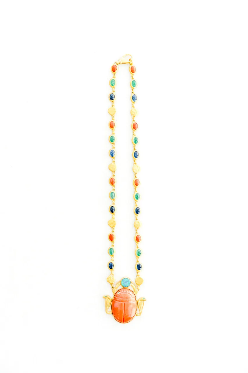 22K Yellow Gold with Sapphires, Emeralds, Coral, Gold Coins with Large Coral Scarab with Cobras