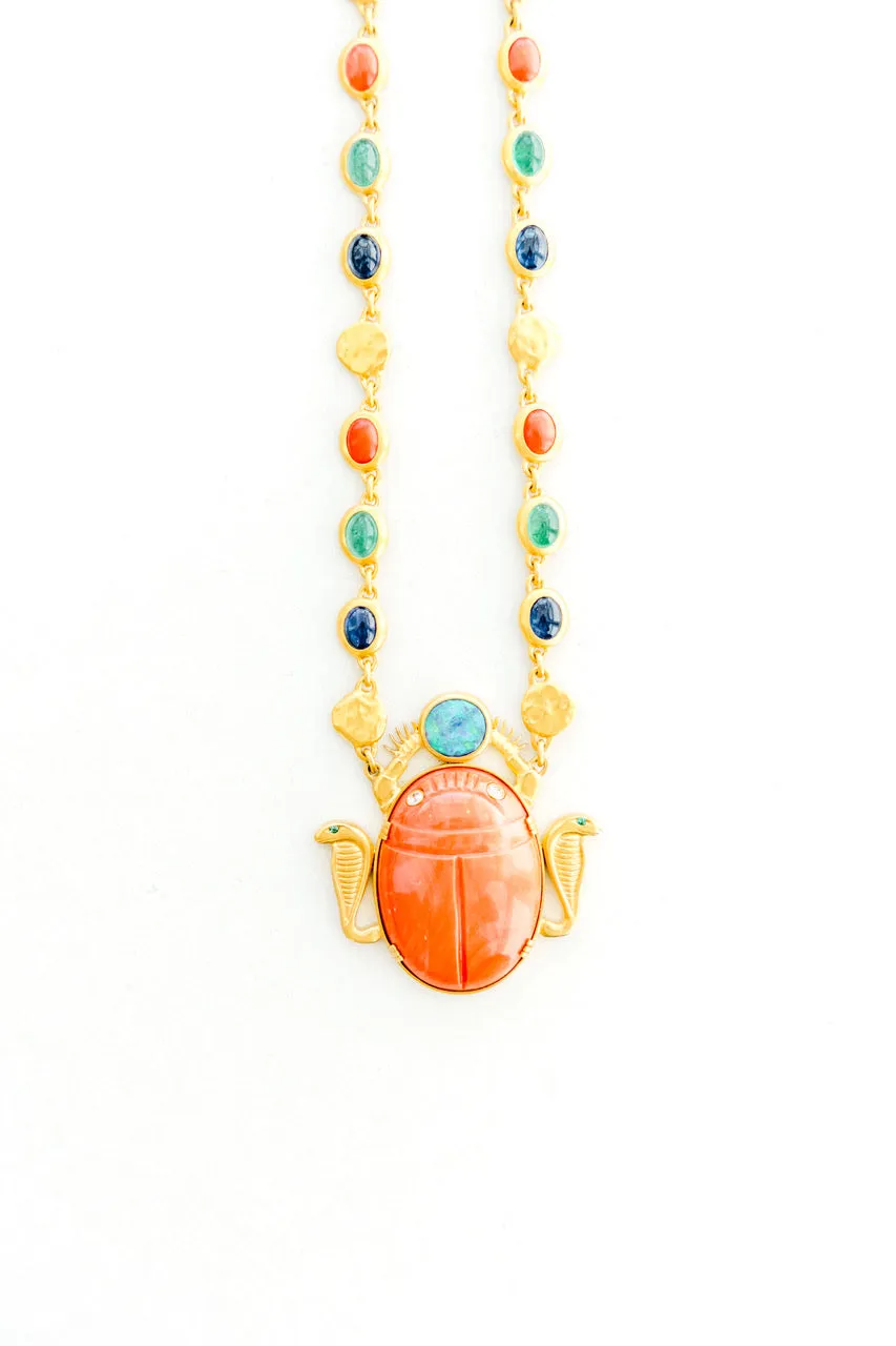 22K Yellow Gold with Sapphires, Emeralds, Coral, Gold Coins with Large Coral Scarab with Cobras