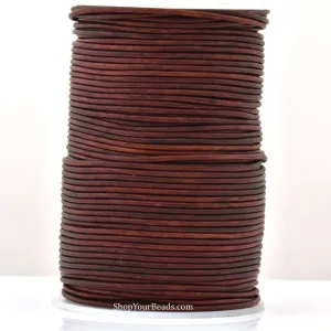 2mm Distressed Red Brown Leather Cord - Round - Matt Finish - Indian Leather - Wrap Bracelet Making Findings - Antique Color - Natural Dye