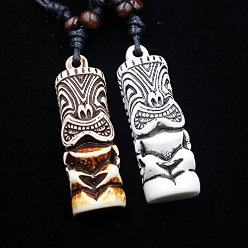 2PCS Hawaiian Protection Amulet Lucky Pendant Necklace Vintage Tiki Fish Hook Turtles Tortoise Shark Wolf Tooth Caved Satue Adjustable Rope Chain Necklaces for Men Women