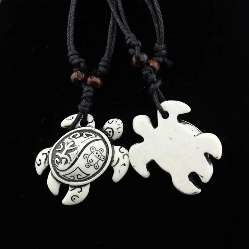 2PCS Hawaiian Protection Amulet Lucky Pendant Necklace Vintage Tiki Fish Hook Turtles Tortoise Shark Wolf Tooth Caved Satue Adjustable Rope Chain Necklaces for Men Women