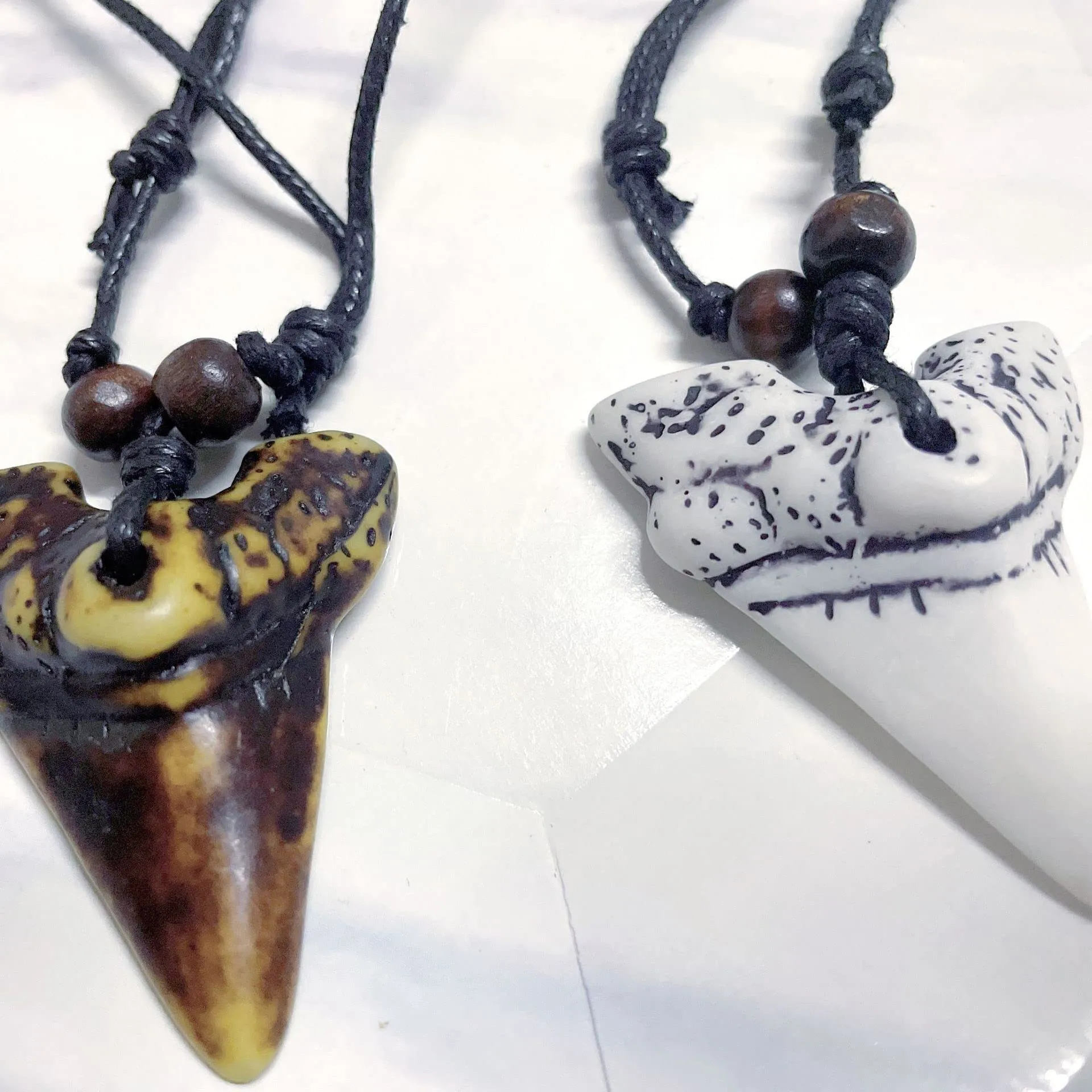 2PCS Hawaiian Protection Amulet Lucky Pendant Necklace Vintage Tiki Fish Hook Turtles Tortoise Shark Wolf Tooth Caved Satue Adjustable Rope Chain Necklaces for Men Women