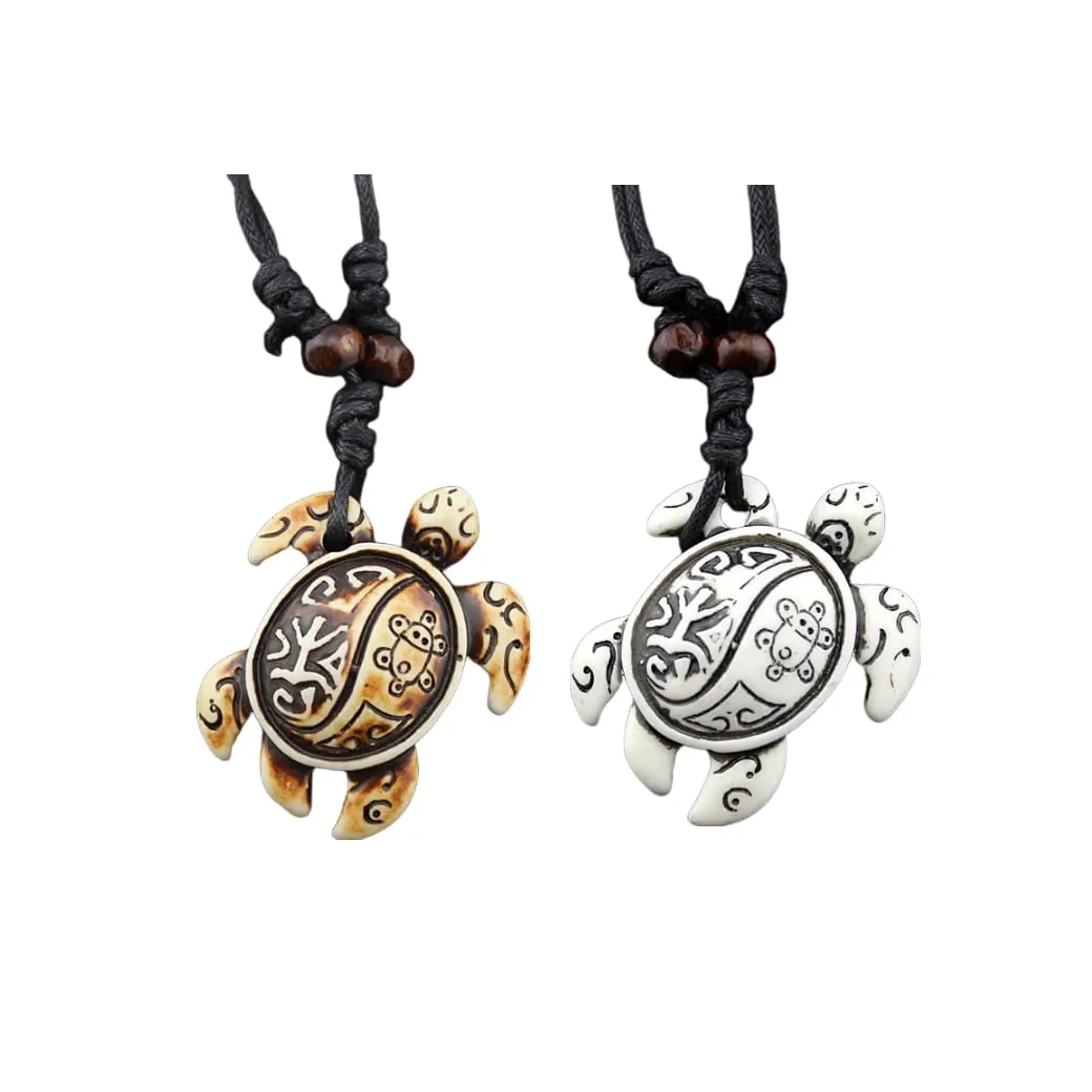2PCS Hawaiian Protection Amulet Lucky Pendant Necklace Vintage Tiki Fish Hook Turtles Tortoise Shark Wolf Tooth Caved Satue Adjustable Rope Chain Necklaces for Men Women