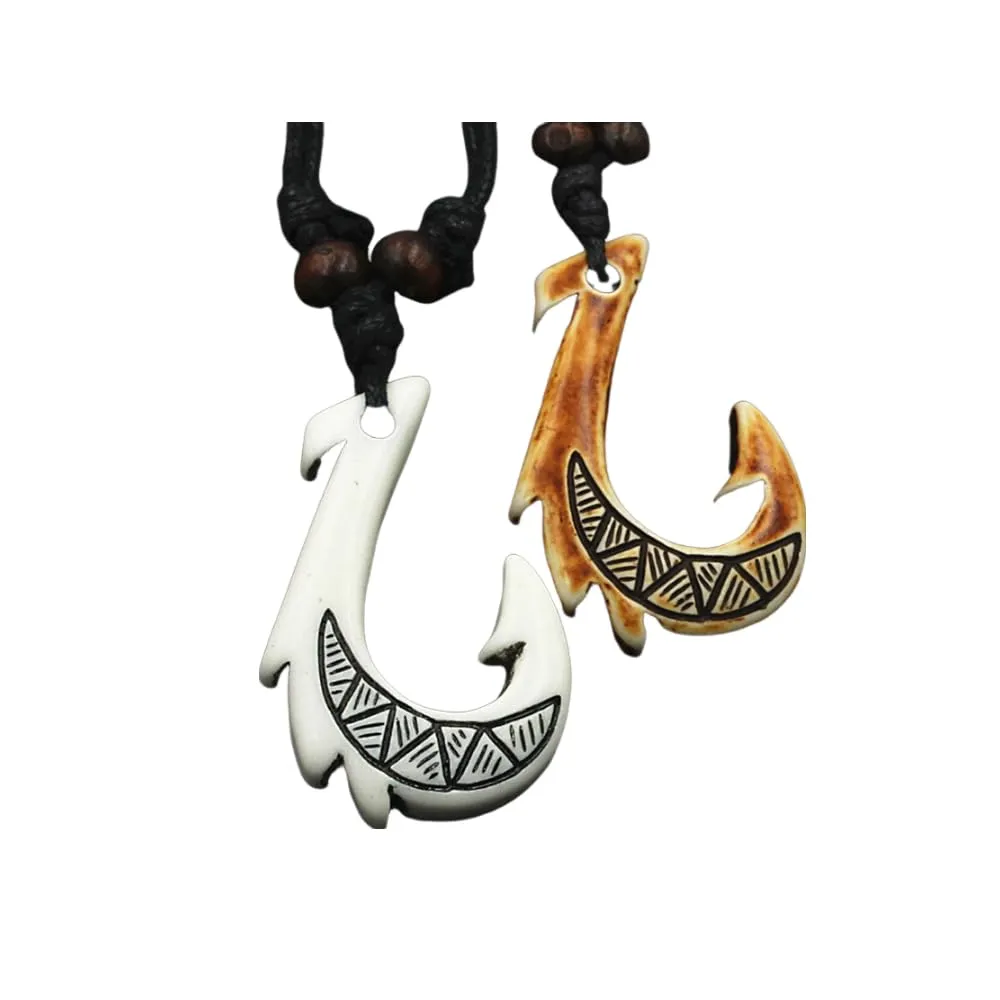 2PCS Hawaiian Protection Amulet Lucky Pendant Necklace Vintage Tiki Fish Hook Turtles Tortoise Shark Wolf Tooth Caved Satue Adjustable Rope Chain Necklaces for Men Women