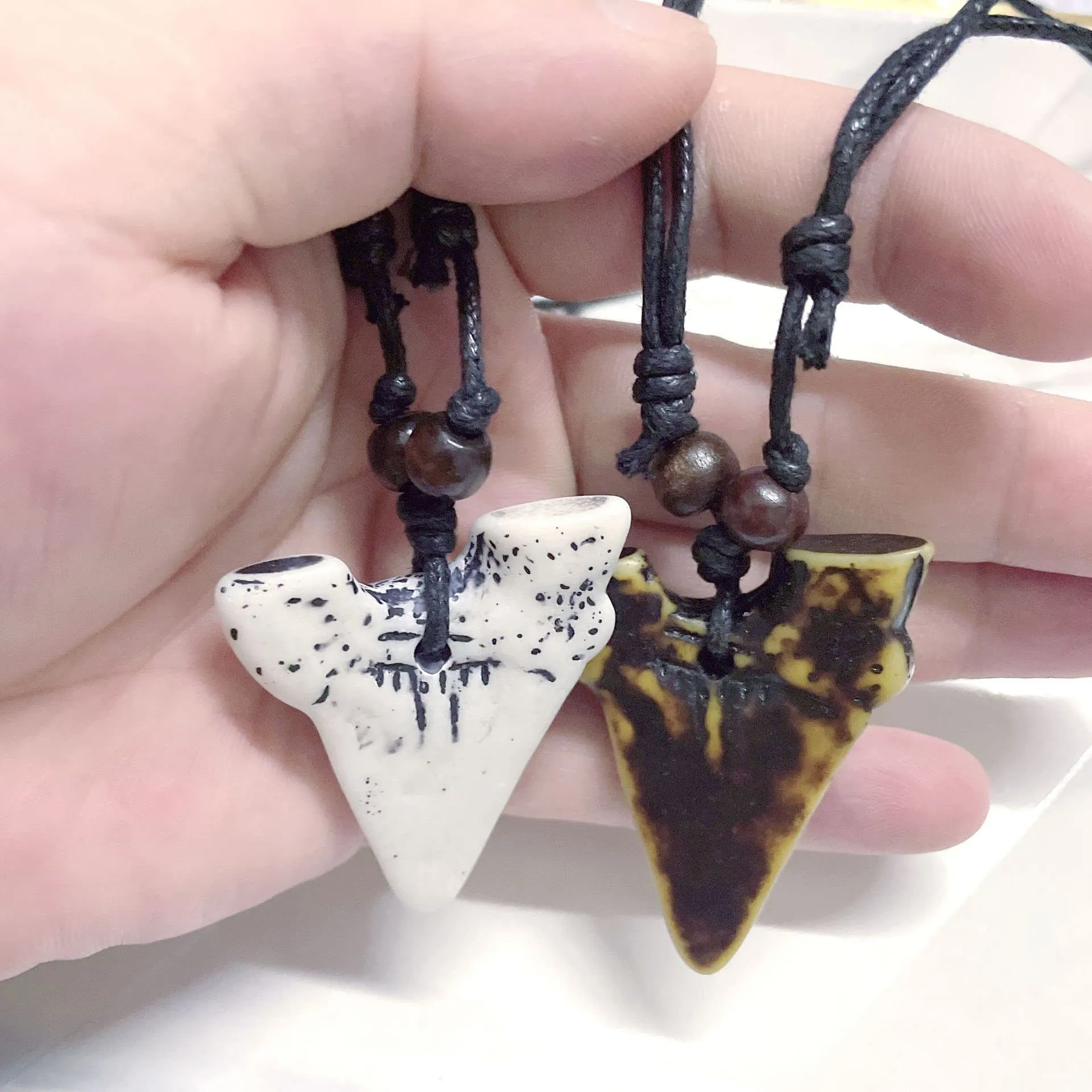 2PCS Hawaiian Protection Amulet Lucky Pendant Necklace Vintage Tiki Fish Hook Turtles Tortoise Shark Wolf Tooth Caved Satue Adjustable Rope Chain Necklaces for Men Women