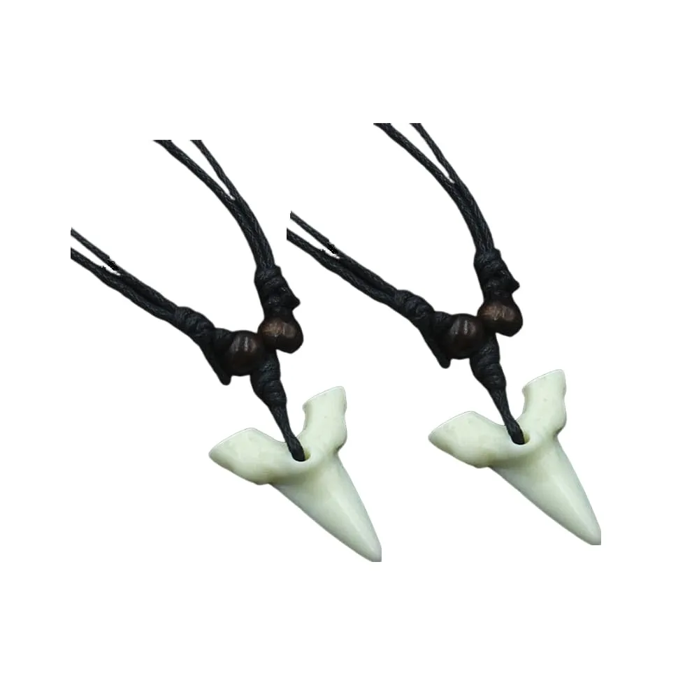 2PCS Hawaiian Protection Amulet Lucky Pendant Necklace Vintage Tiki Fish Hook Turtles Tortoise Shark Wolf Tooth Caved Satue Adjustable Rope Chain Necklaces for Men Women