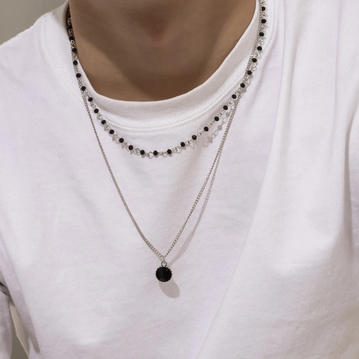 2pcs Men's Geometric Pendant Beaded Necklace Set