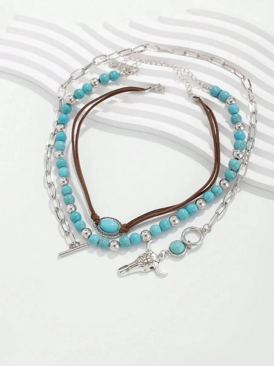 3 pcs Fashionable Western Style Turquoise Beaded Necklace Set With Bull Head Decoration