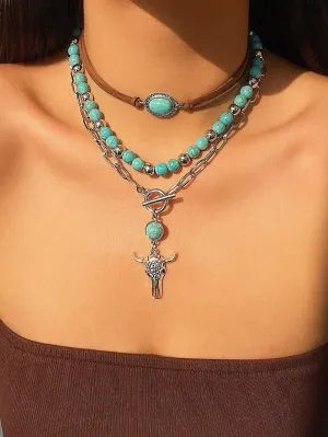 3 pcs Fashionable Western Style Turquoise Beaded Necklace Set With Bull Head Decoration