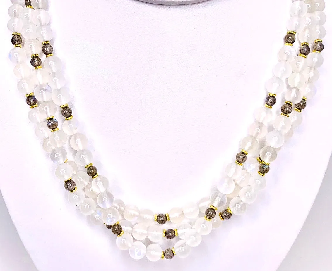 3-Strand Moonstone and Labradorite Bead Necklace with 18k Yellow Gold Spacers