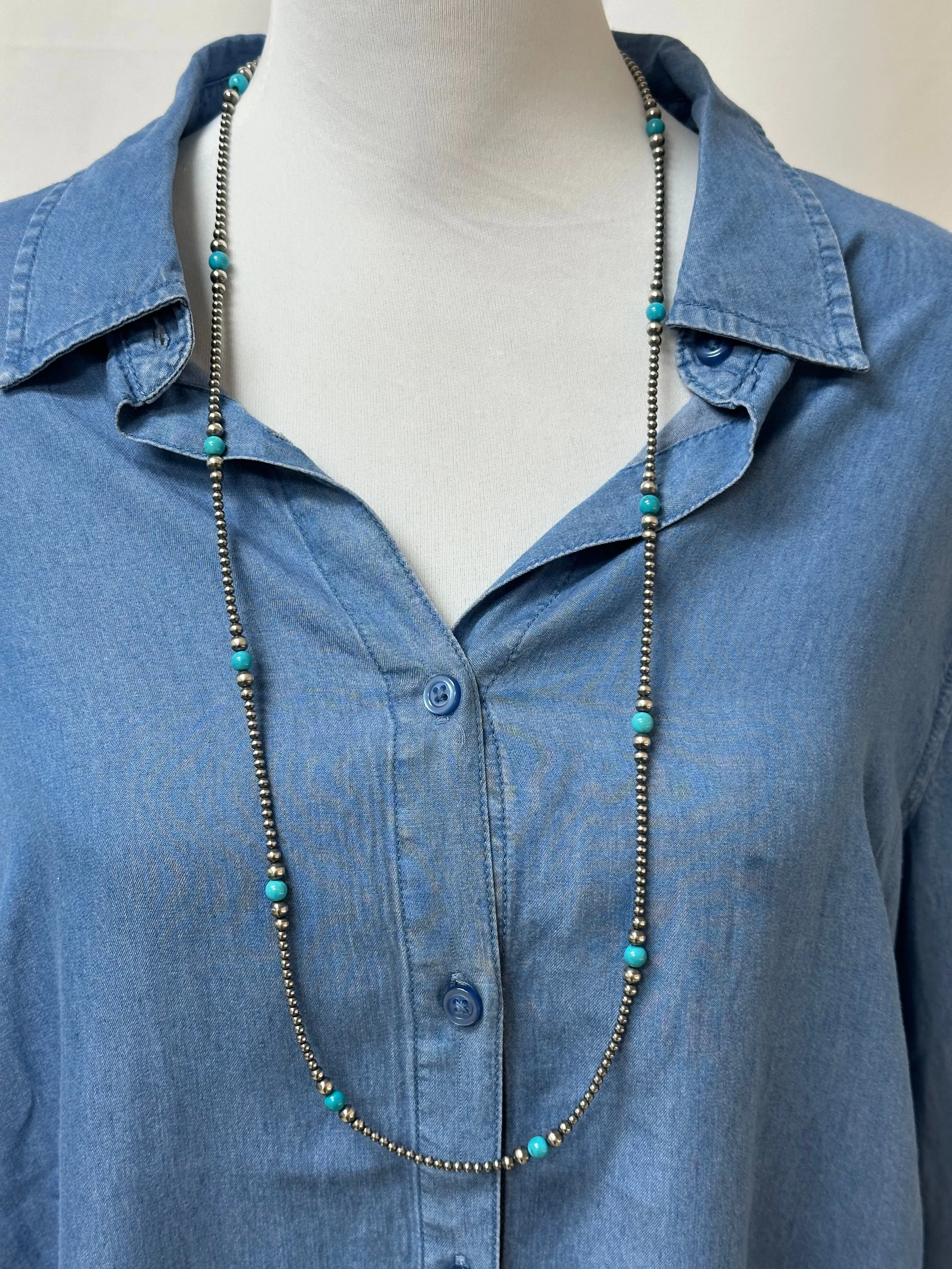 36" Navajo Style Pearl and Turquoise Necklace